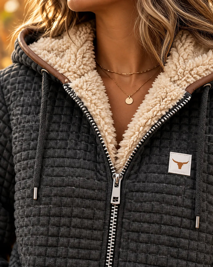 Sherpa-Lined Quilted Zip-Up Hooded Jacket