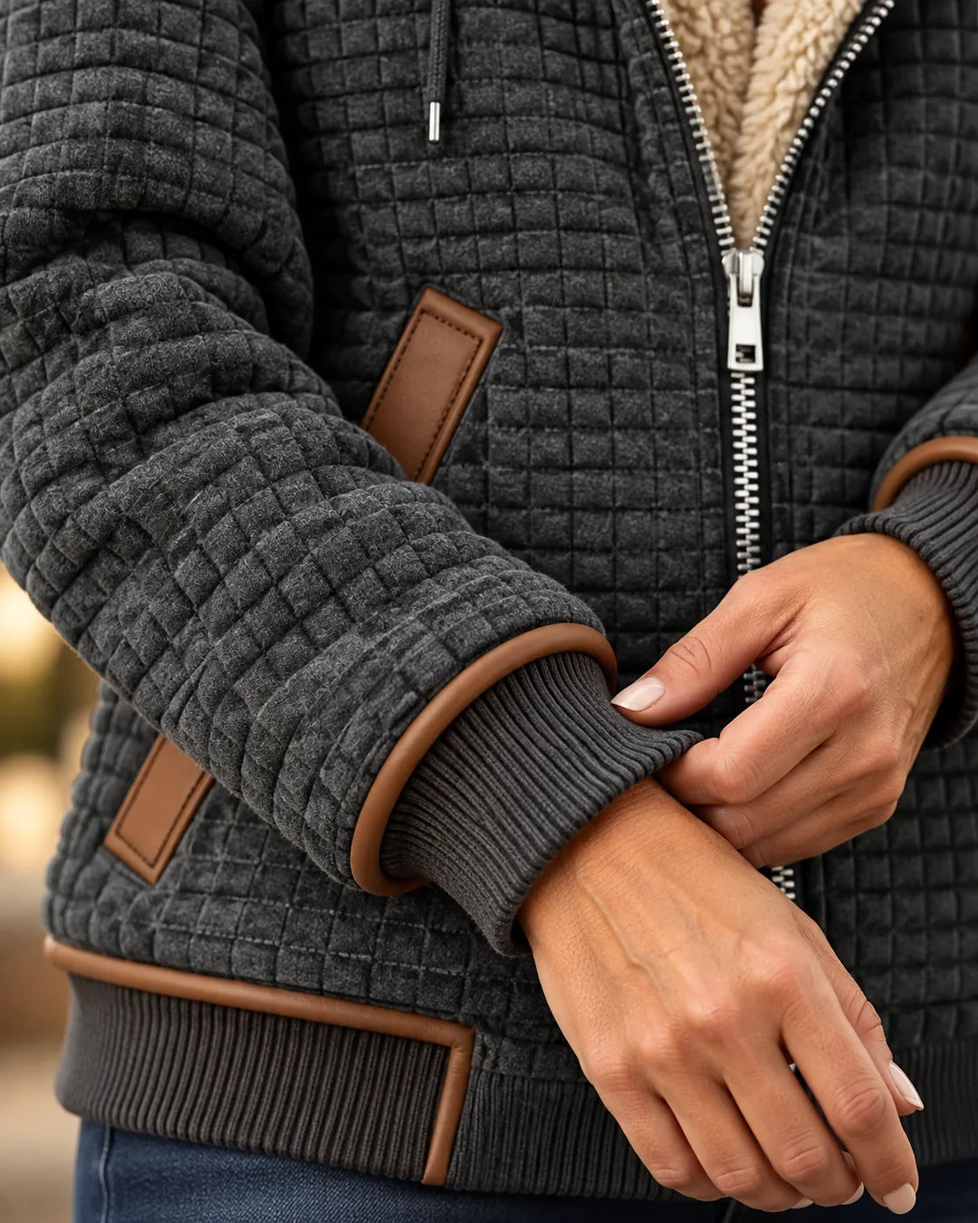 Sherpa-Lined Quilted Zip-Up Hooded Jacket