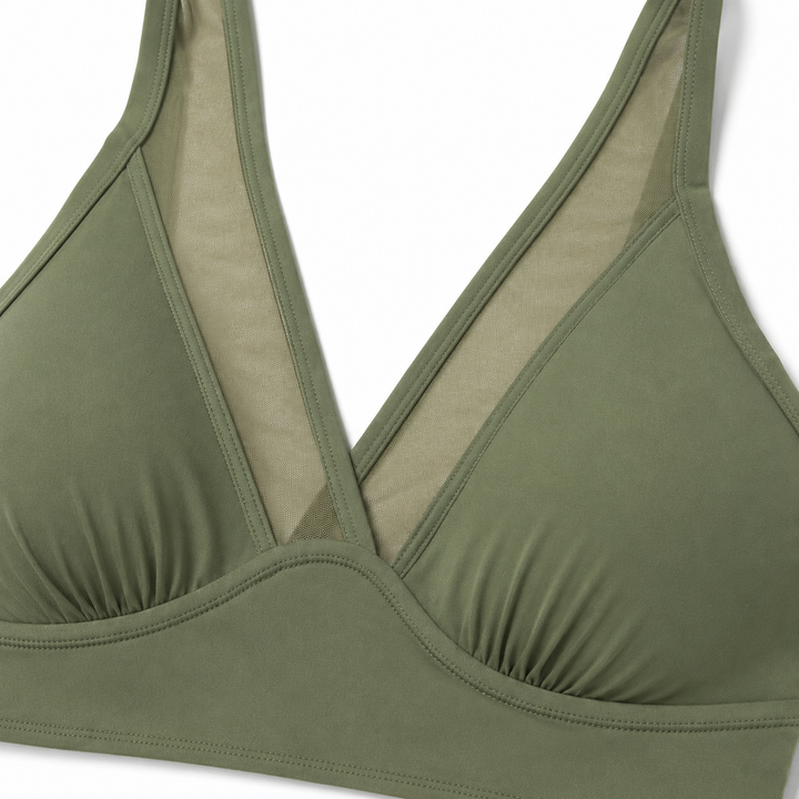 Solivia – High Waist 3-Piece Swim Set with Mesh V-Top, Ruched Skirt &amp; Sheer Overlay