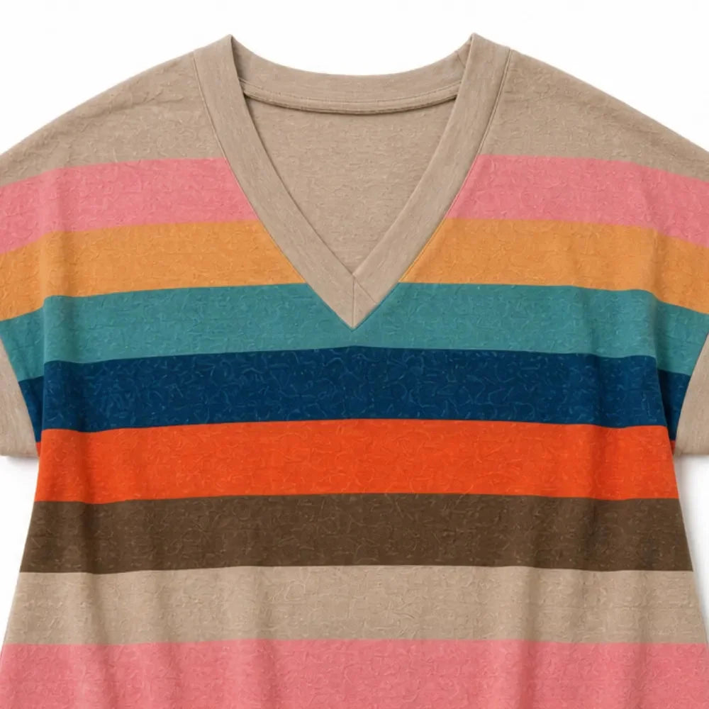Marlowen – Striped V-Neck Knit T-Shirt Dress for Women, Soft Summer Casual