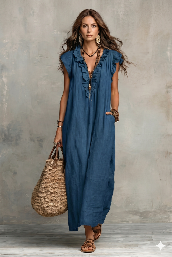 Robe décontractée pour femme en coton et lin, couleur unie, à volants, style artistique et confortable