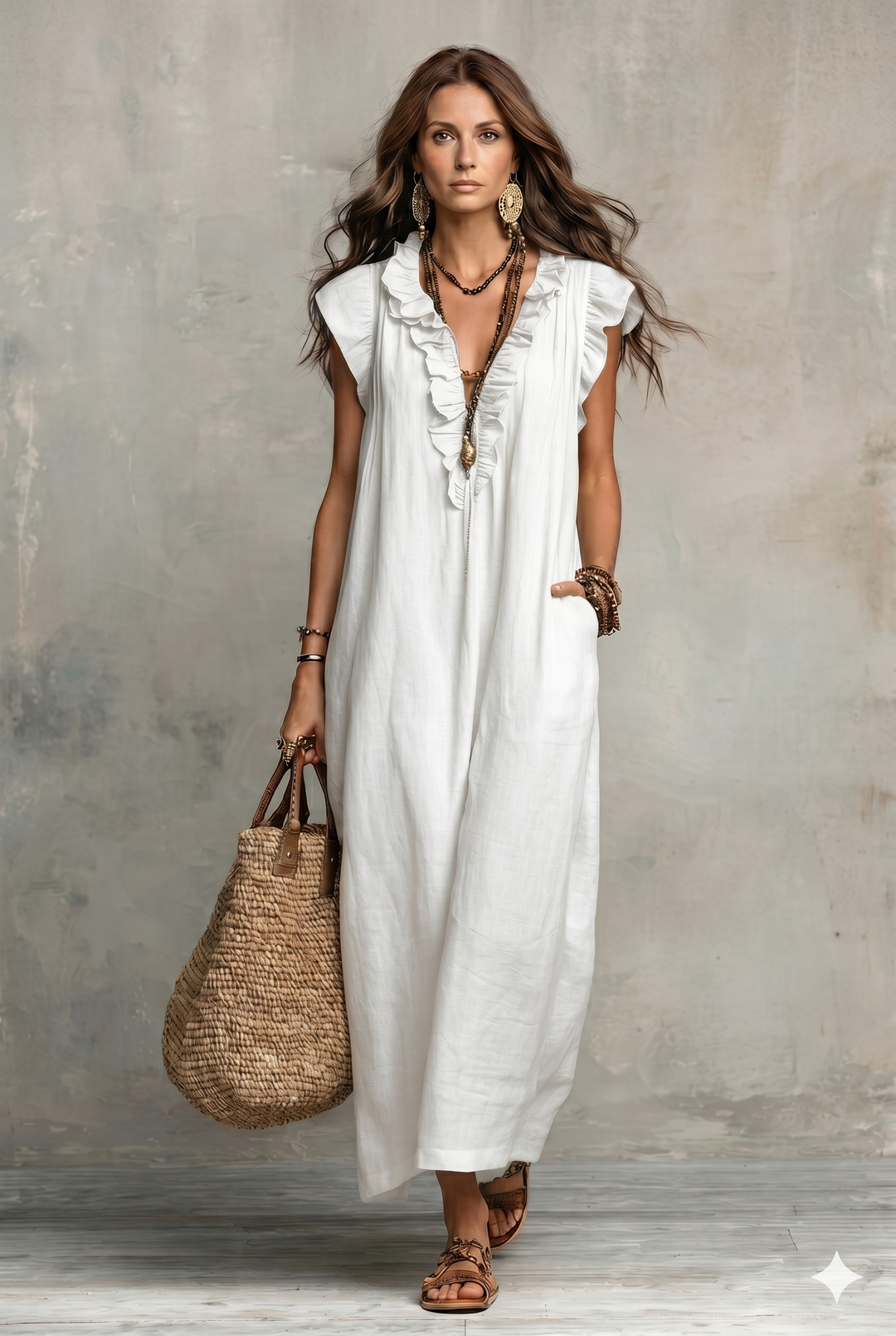 Robe décontractée pour femme en coton et lin, couleur unie, à volants, style artistique et confortable