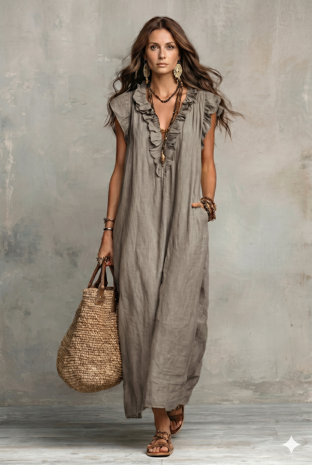 Robe décontractée pour femme en coton et lin, couleur unie, à volants, style artistique et confortable