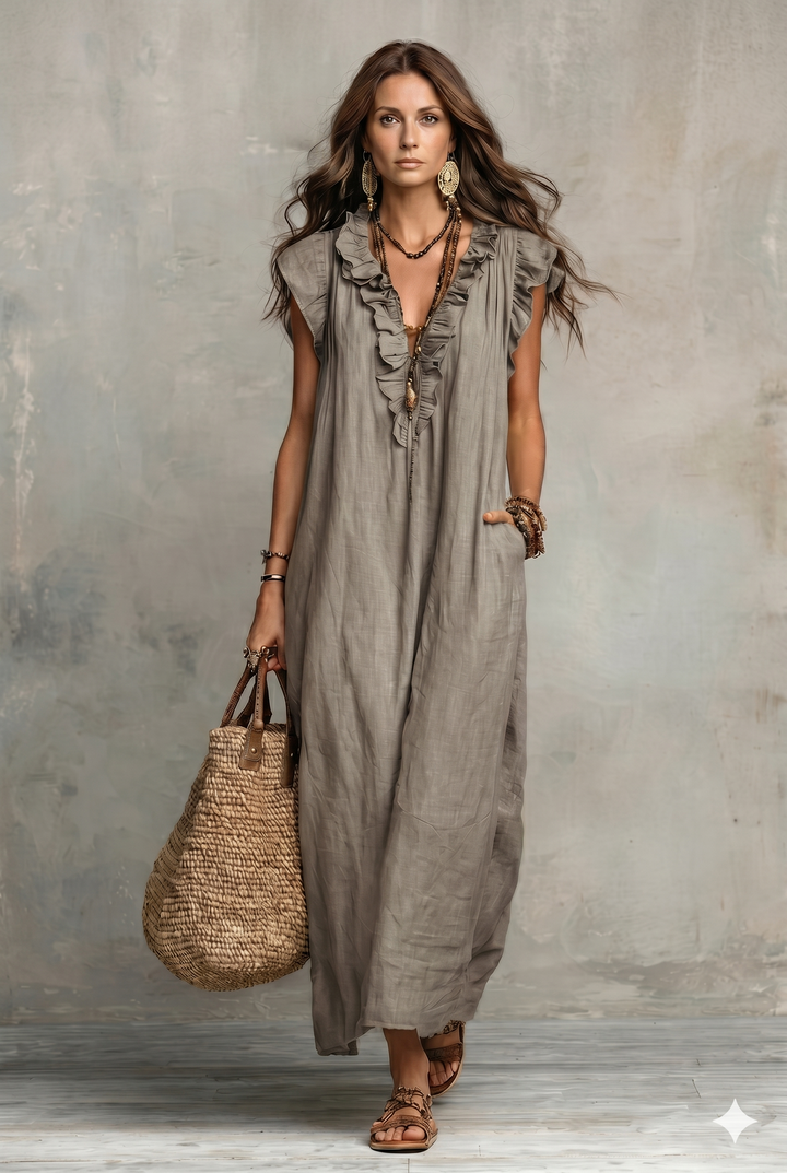 Robe décontractée pour femme en coton et lin, couleur unie, à volants, style artistique et confortable
