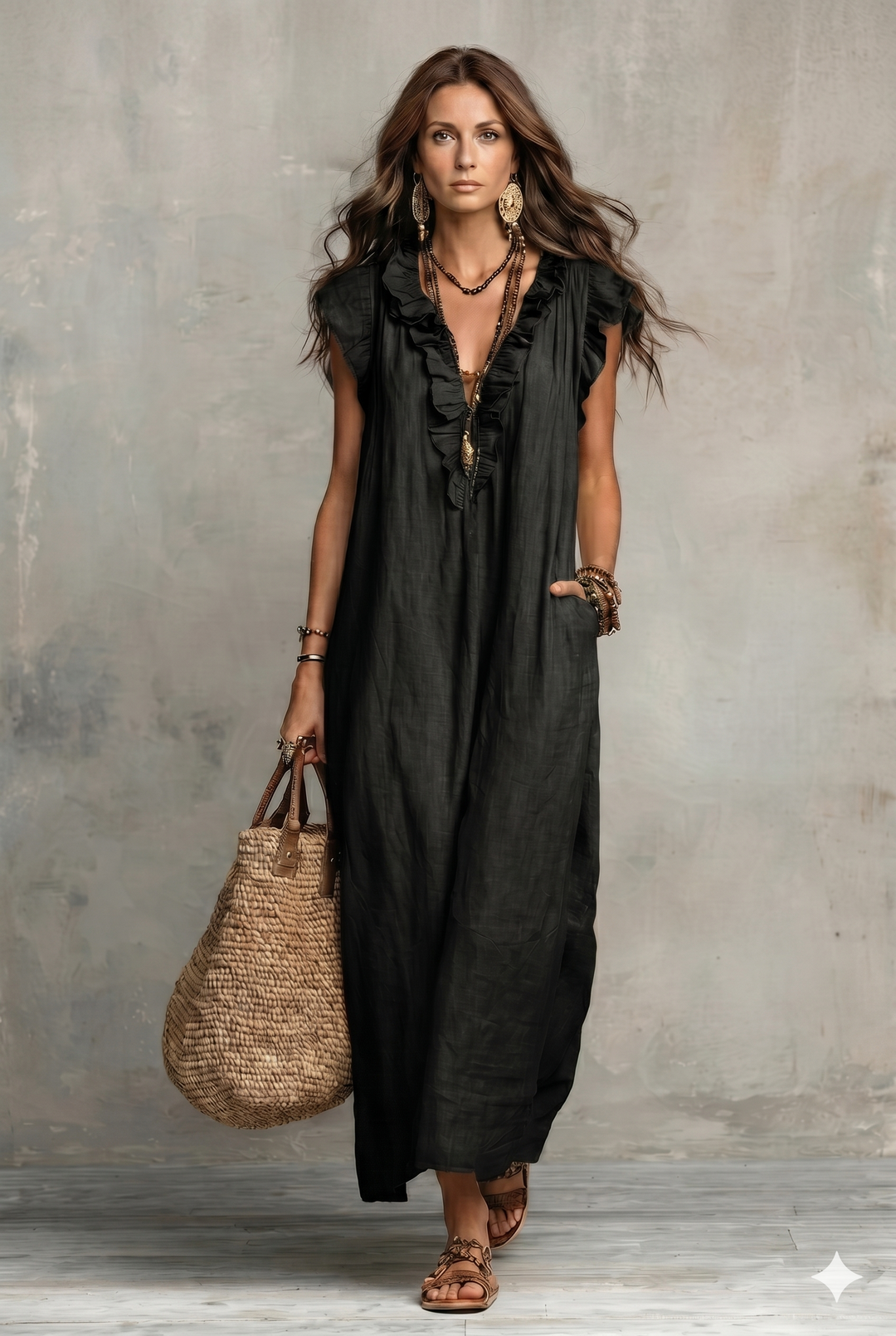 Robe décontractée pour femme en coton et lin, couleur unie, à volants, style artistique et confortable
