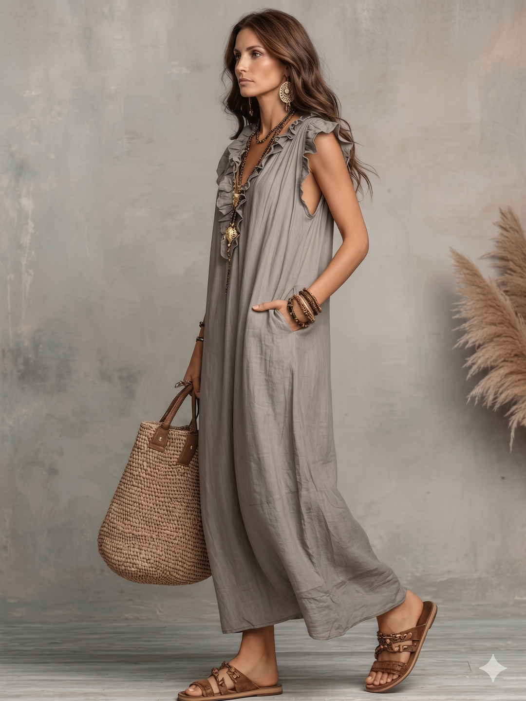 Robe décontractée pour femme en coton et lin, couleur unie, à volants, style artistique et confortable