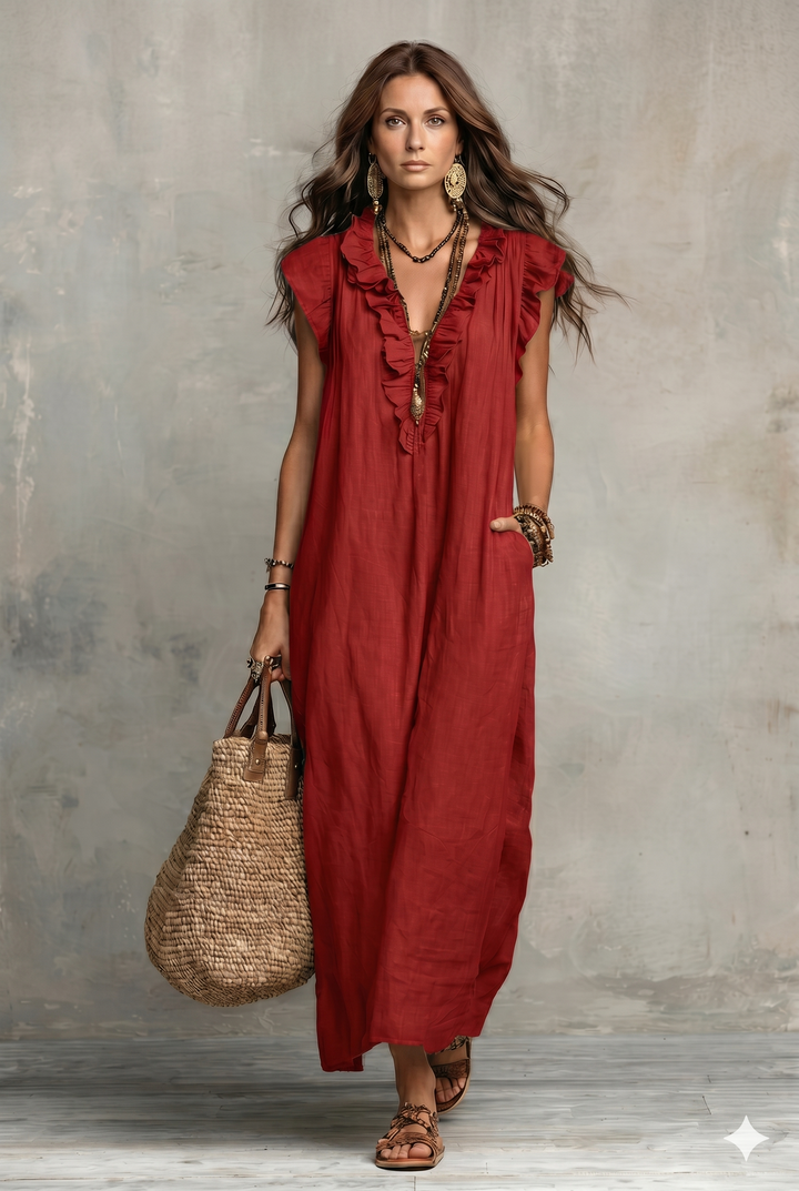 Robe décontractée pour femme en coton et lin, couleur unie, à volants, style artistique et confortable
