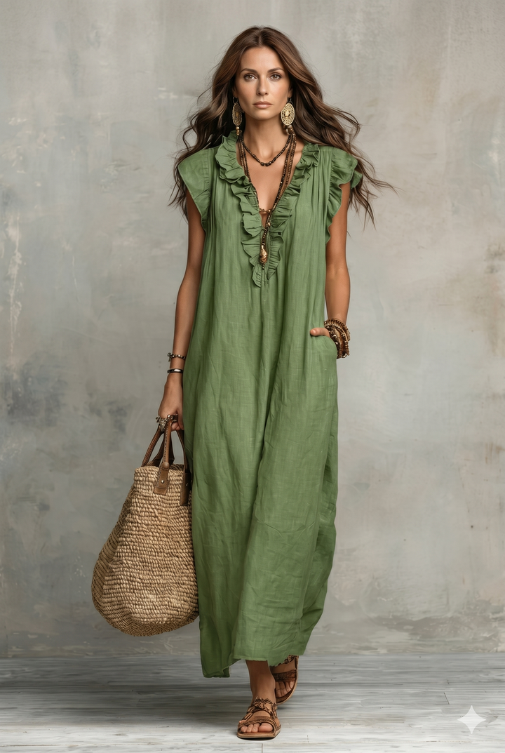 Robe décontractée pour femme en coton et lin, couleur unie, à volants, style artistique et confortable