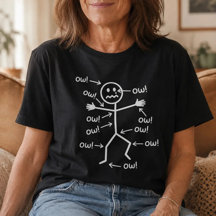 Achewear – Funny "Ow!" Stick Figure Graphic Tee, Relaxed Fit Cotton-like T-Shirt for Women &amp; Men