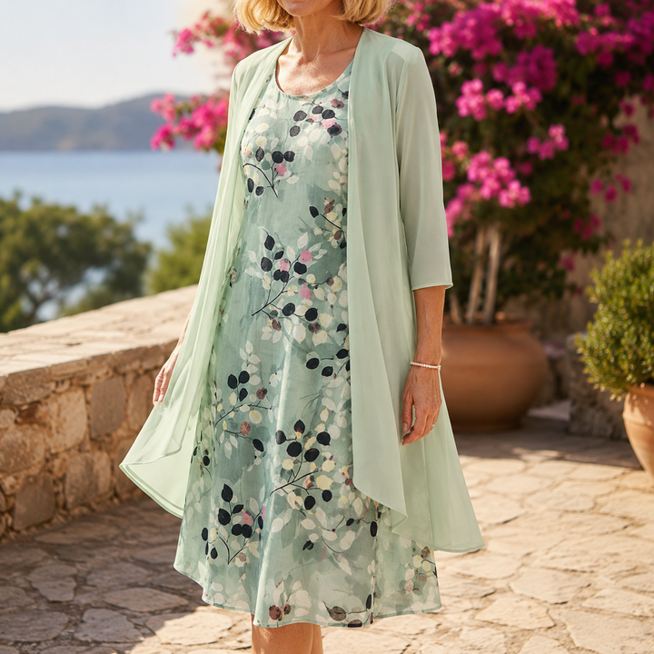 Marisella – Floral Midi Dress with Sheer Cardigan 2-Piece Set
