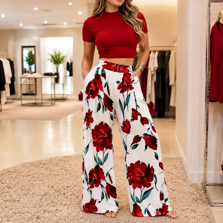 Florenza – Fitted Crop Top &amp; Wide Leg Pants Two Piece Set for Women