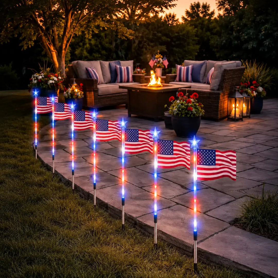 Stargrove – Solar American Flag Light Stakes, 8-Piece Set for 4th of July Walkway &amp; Yard Decor