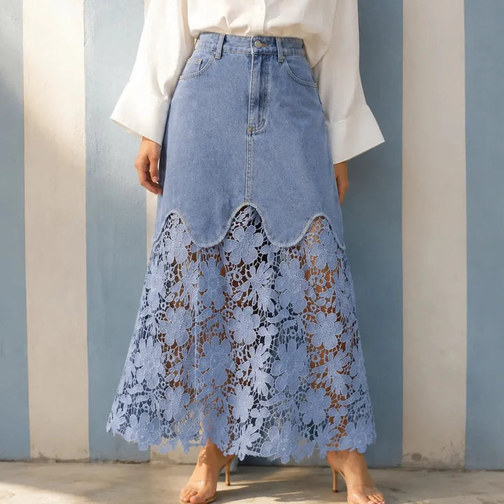 Florenza – Floral lace hem high waist denim maxi skirt with pockets
