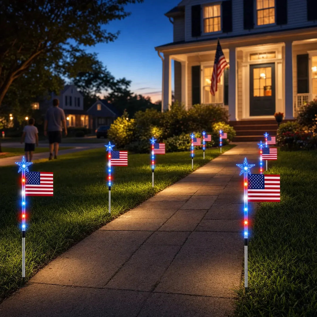 Stargrove – Solar American Flag Light Stakes, 8-Piece Set for 4th of July Walkway &amp; Yard Decor