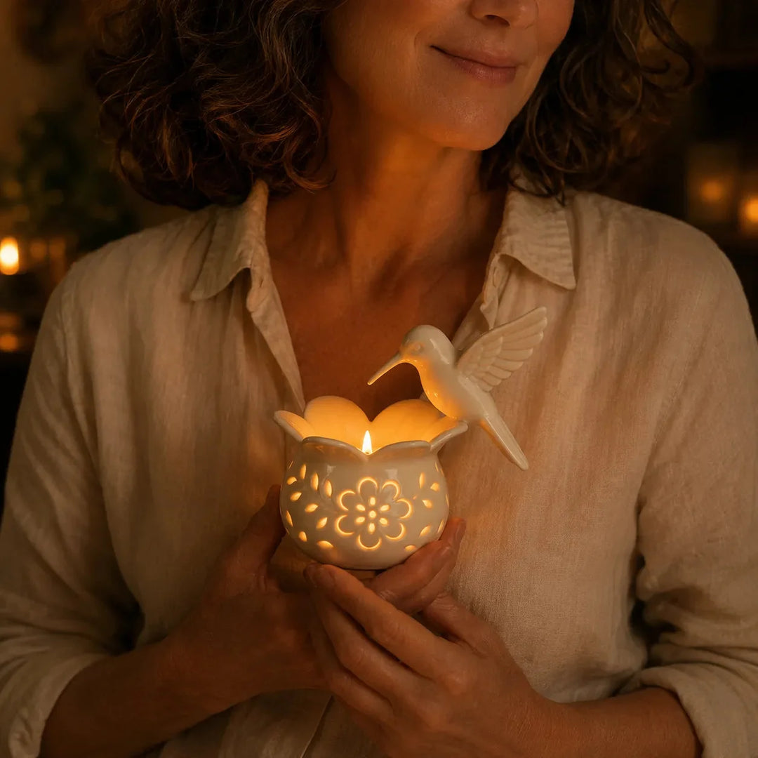 Lumavia – Hummingbird Tealight Candle Holder with Floral Shadow Base