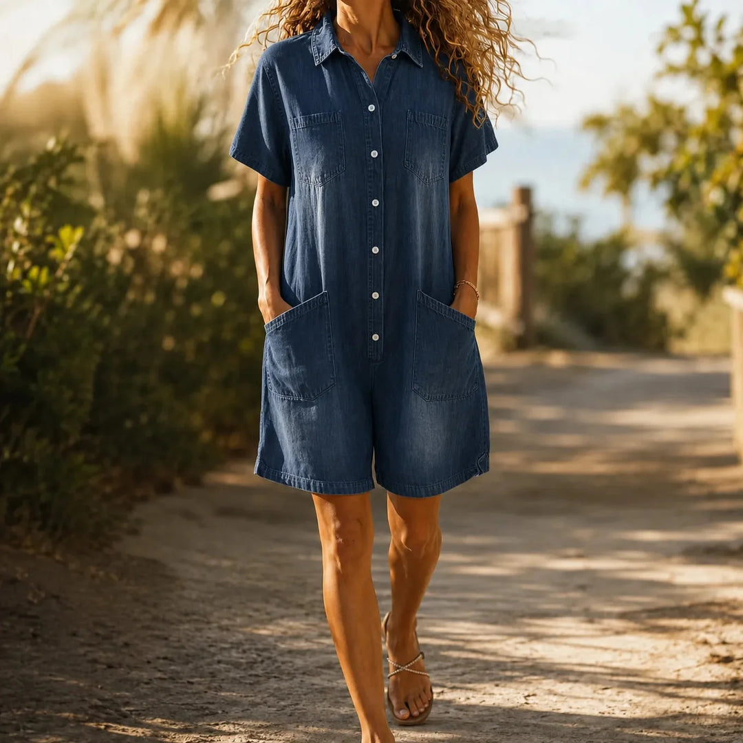 Sunova – Short Sleeve Denim-like Romper Jumpsuit with Pockets