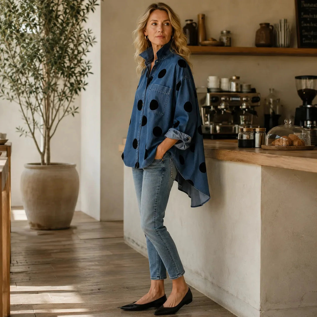 Marevelle – Oversized Polka Dot Denim Shirt with Stand Collar