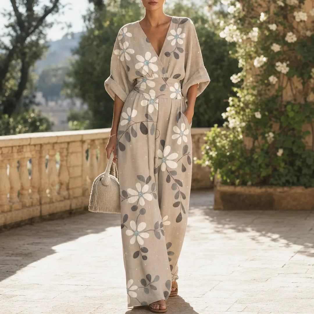 Solene – Printed V-Neck Wide-Leg Jumpsuit with Cinched Waist and Pockets