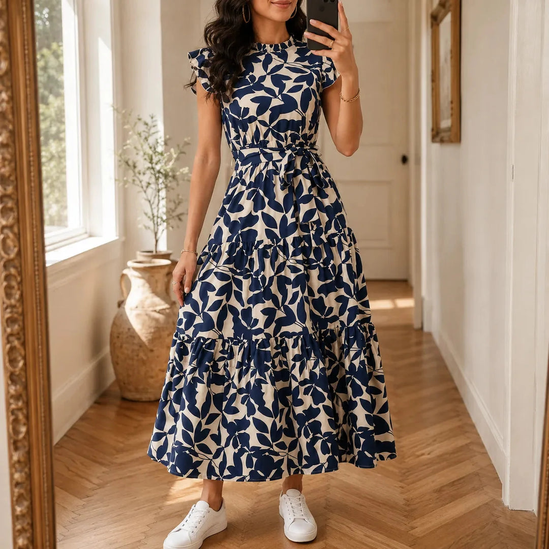 Sunlura – Flutter Sleeve Tie Waist Tiered Midi Dress, Summer Floral Print, Women&