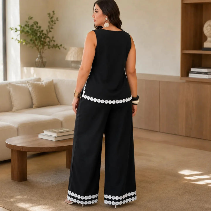 Marovée – Sleeveless Top &amp; Wide Leg Pants Set with Crochet-like Trim Details