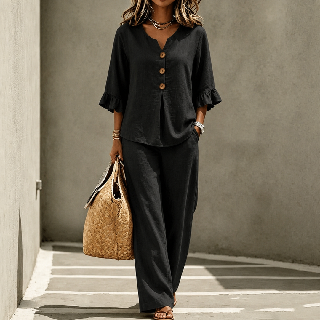 Lunavia – Linen-Look 2-Piece Set, Ruffle-Cuff Top &amp; Wide-Leg Trousers, Women&