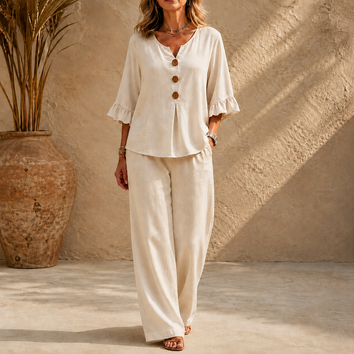 Lunavia – Linen-Look 2-Piece Set, Ruffle-Cuff Top &amp; Wide-Leg Trousers, Women&