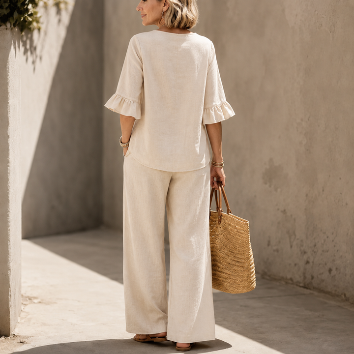 Lunavia – Linen-Look 2-Piece Set, Ruffle-Cuff Top &amp; Wide-Leg Trousers, Women&