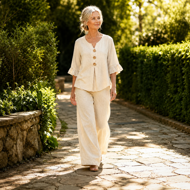 Lunavia – Linen-Look 2-Piece Set, Ruffle-Cuff Top &amp; Wide-Leg Trousers, Women&