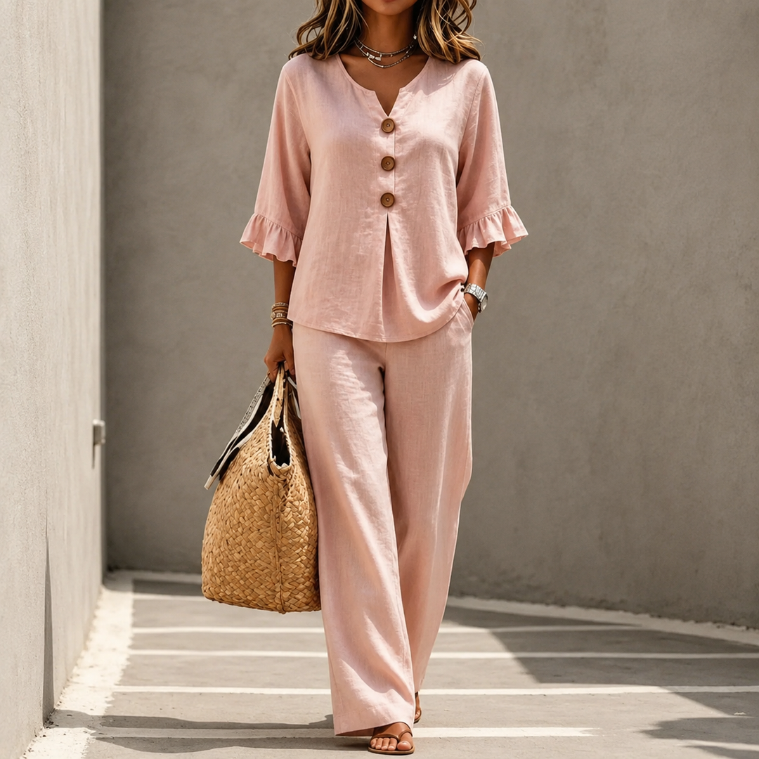 Lunavia – Linen-Look 2-Piece Set, Ruffle-Cuff Top &amp; Wide-Leg Trousers, Women&