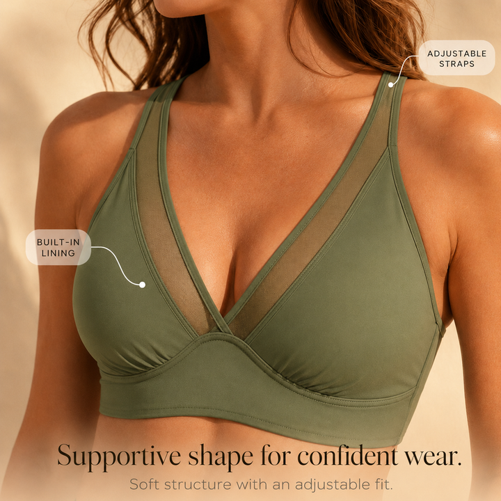 Solivia – High Waist 3-Piece Swim Set with Mesh V-Top, Ruched Skirt &amp; Sheer Overlay
