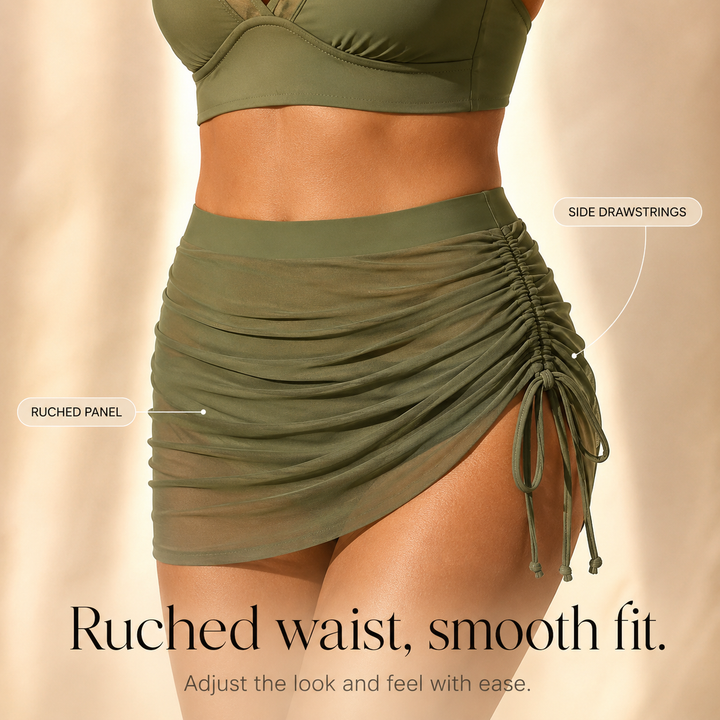 Solivia – High Waist 3-Piece Swim Set with Mesh V-Top, Ruched Skirt &amp; Sheer Overlay