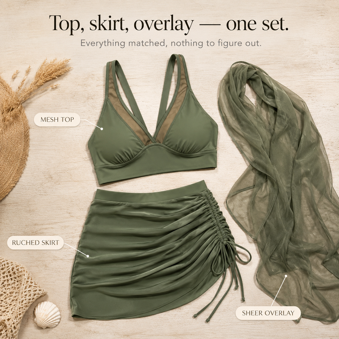 Solivia – High Waist 3-Piece Swim Set with Mesh V-Top, Ruched Skirt &amp; Sheer Overlay