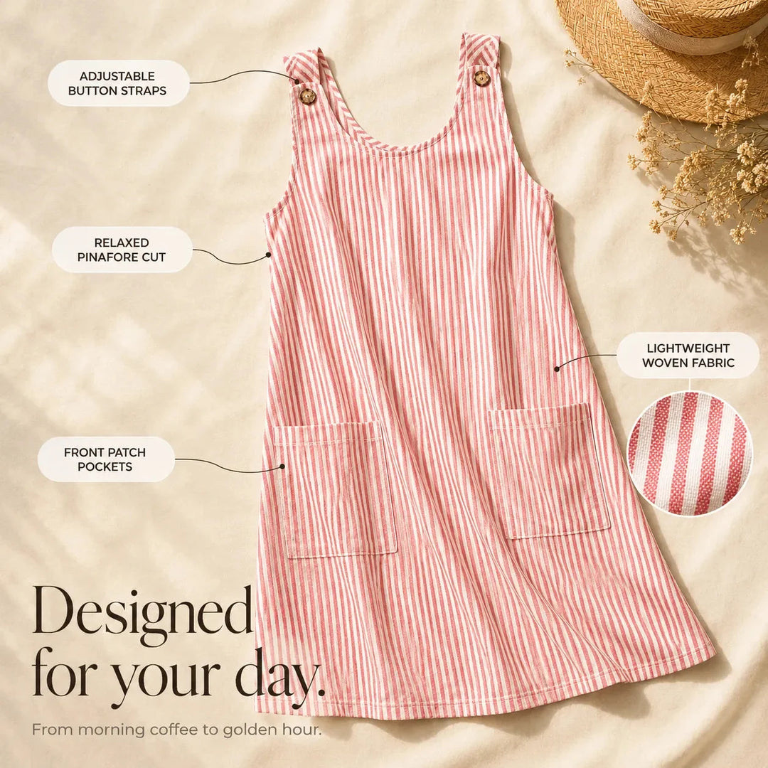 Solene – Striped Button-Strap Pinafore Sundress with Pockets