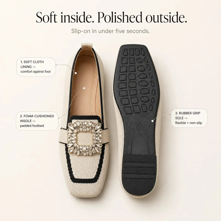 Vellora – Crystal Buckle Knit Loafers, Square Toe Slip-On Flats for Women