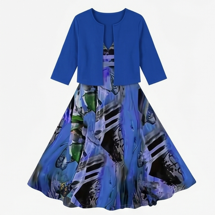 Phaeline - Printed Midi Dress with Attached Cardigan