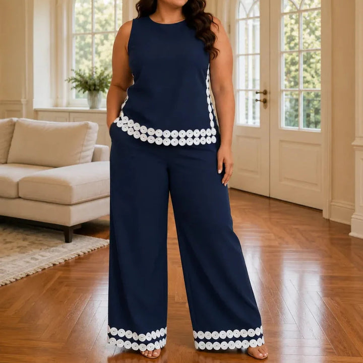 Marovée – Sleeveless Top &amp; Wide Leg Pants Set with Crochet-like Trim Details