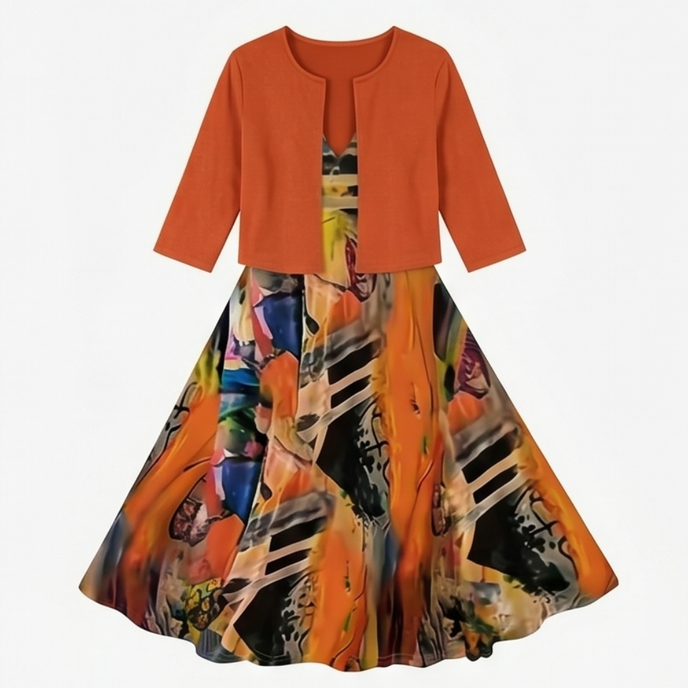 Phaeline - Printed Midi Dress with Attached Cardigan