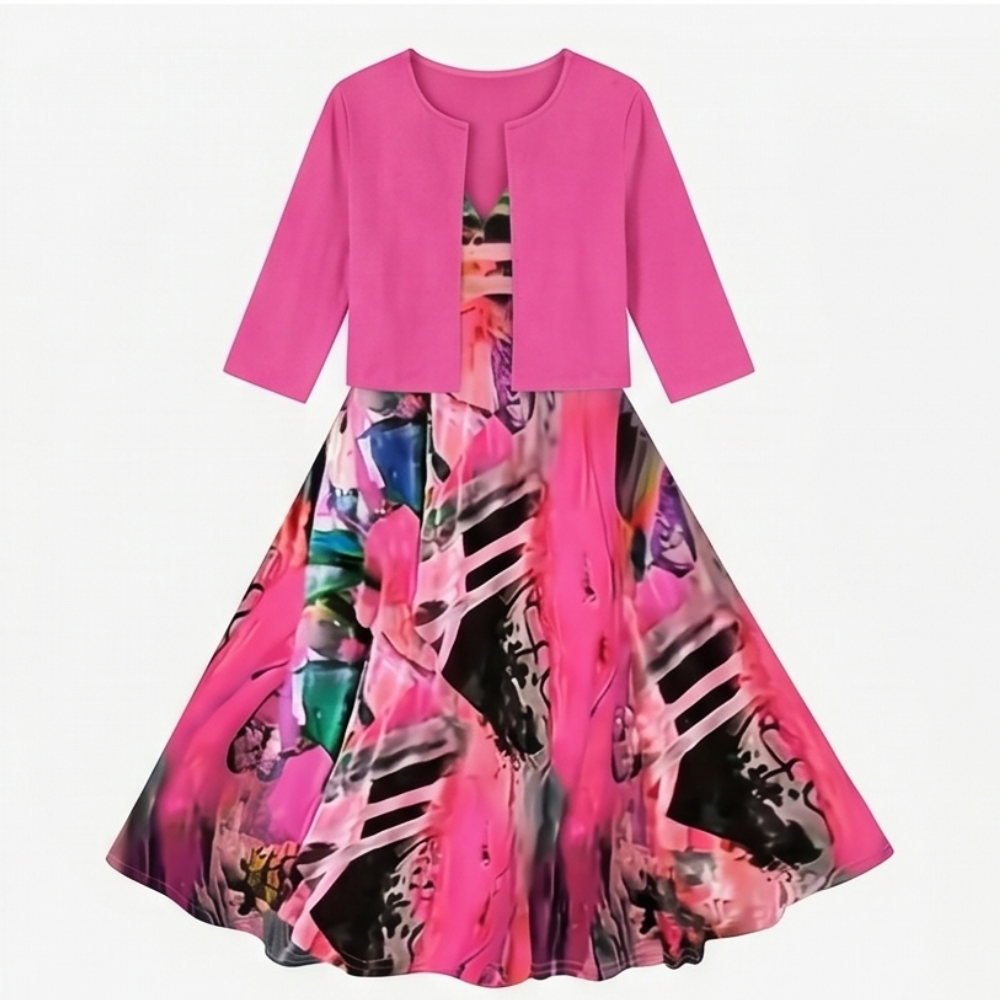 Phaeline - Printed Midi Dress with Attached Cardigan