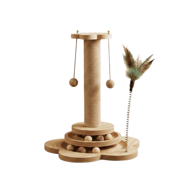 Purrch – 3-in-1 Sisal Scratching Post with Ball Track and Feather Wand