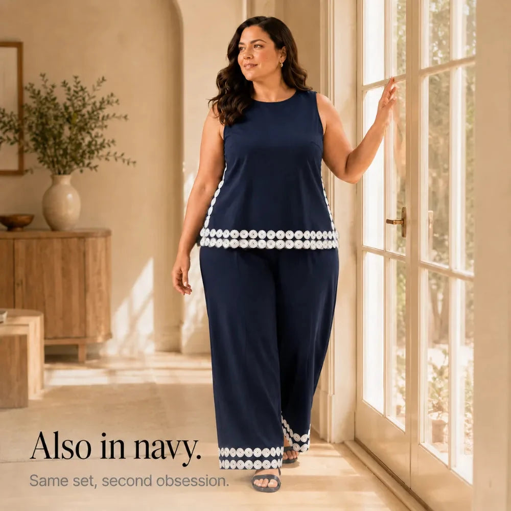 Marovée – Sleeveless Top &amp; Wide Leg Pants Set with Crochet-like Trim Details