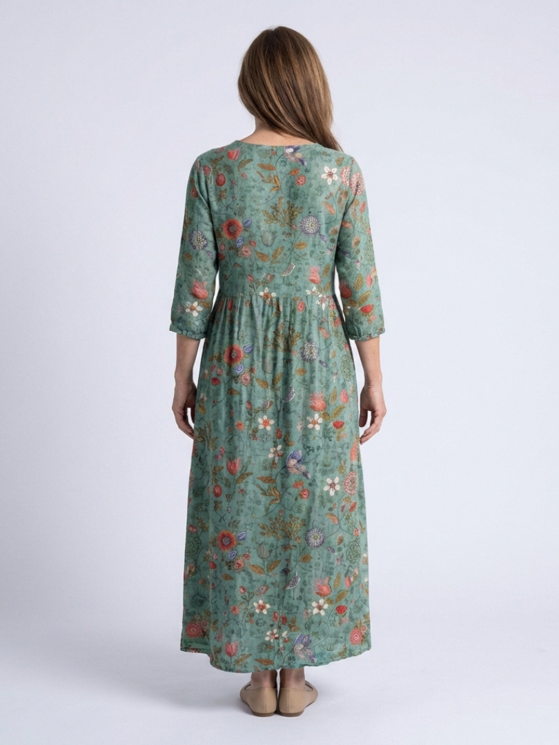 Marina | Robe longue col en V à manches trois quarts et motif floral