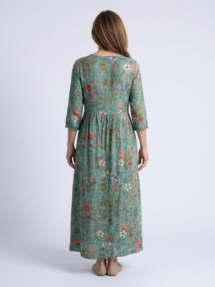 Marina | Robe longue col en V à manches trois quarts et motif floral