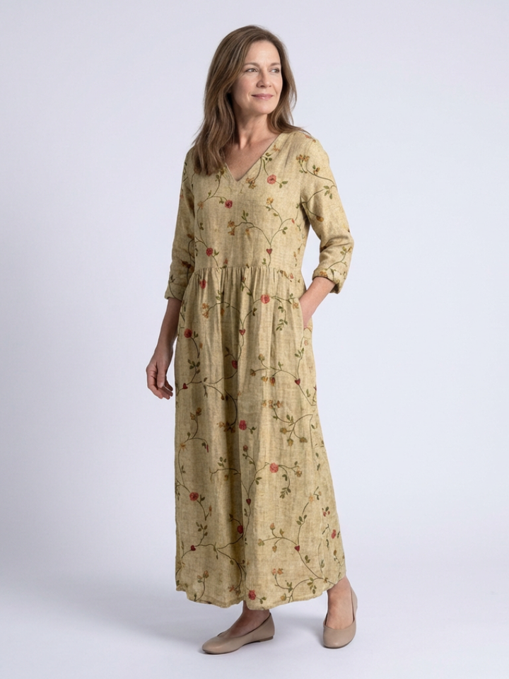 Marina | Robe longue col en V à manches trois quarts et motif floral