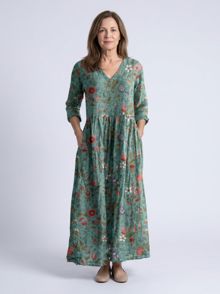 Marina | Robe longue col en V à manches trois quarts et motif floral