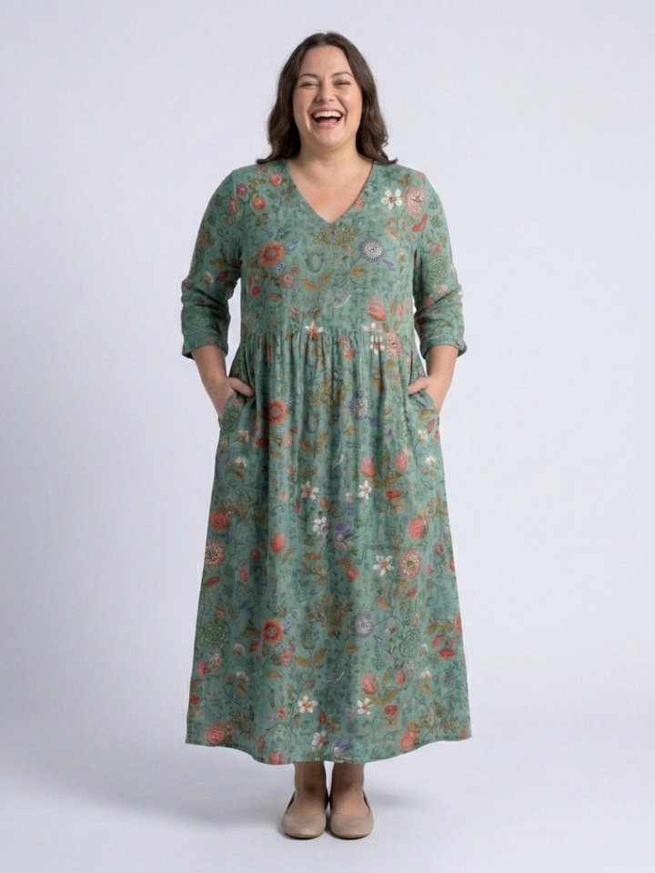 Marina | Robe longue col en V à manches trois quarts et motif floral