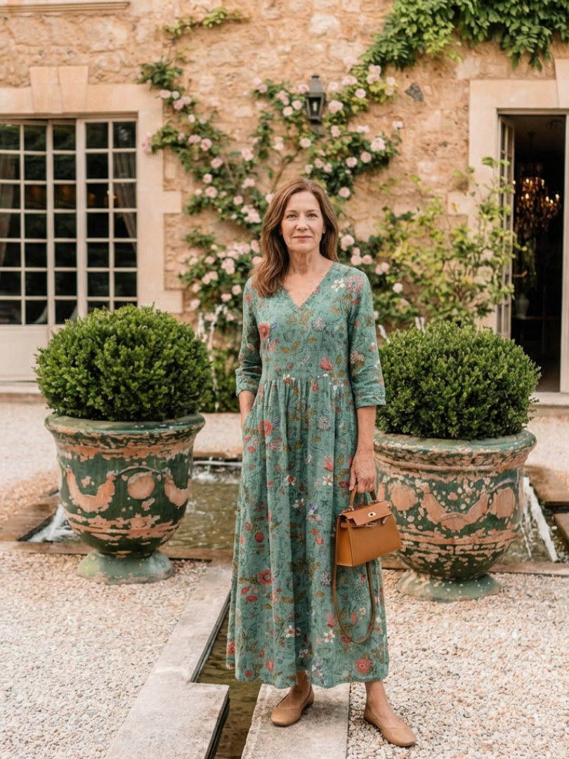 Marina | Robe longue col en V à manches trois quarts et motif floral