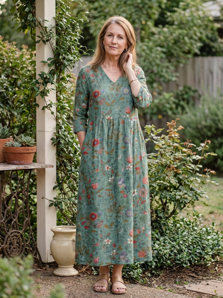 Marina | Robe longue col en V à manches trois quarts et motif floral