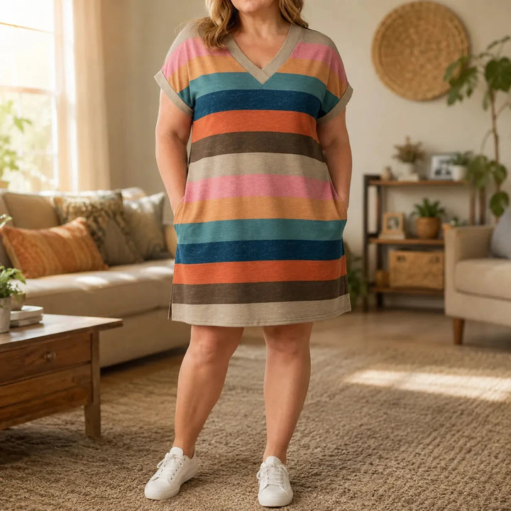 Marlowen – Striped V-Neck Knit T-Shirt Dress for Women, Soft Summer Casual