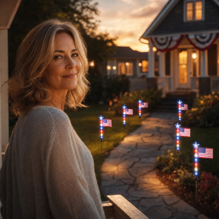 Stargrove – Solar American Flag Light Stakes, 8-Piece Set for 4th of July Walkway &amp; Yard Decor