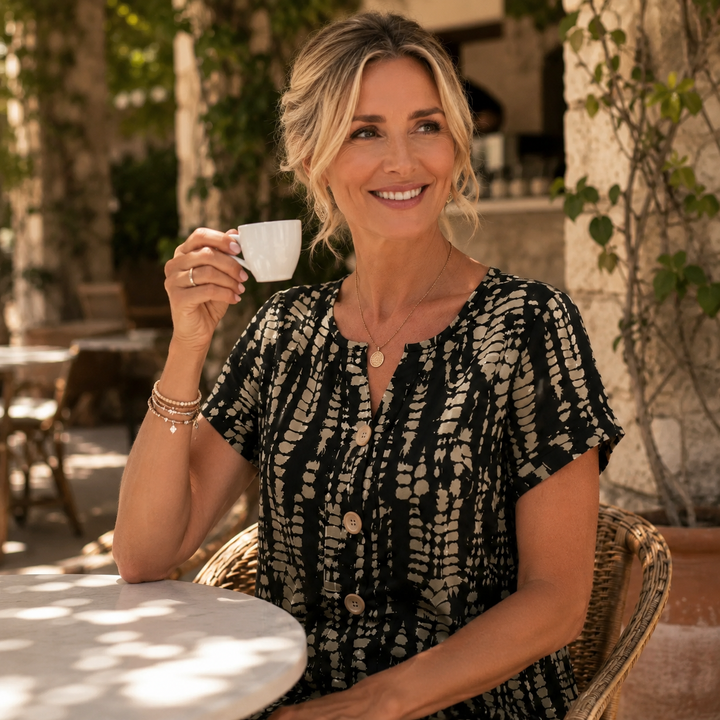 Solara – Printed A-Line Shift Dress with Short Sleeves &amp; Buttons